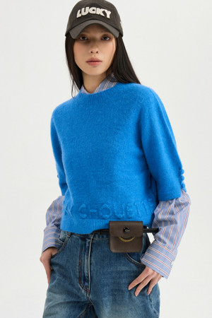 Short-Sleeve Texture Lettering Whole Garment Knit Pullover (blue)