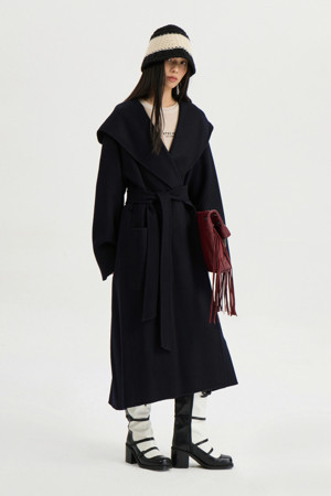 [Handmade] Belt Hooded Long Coat (navy)