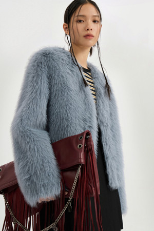 Eco Mink Fake Fur Collarless Jacket (blue)