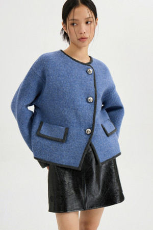 Double-Edged Round Neck Sleeve Turn-Up Knit Cardigan (blue)