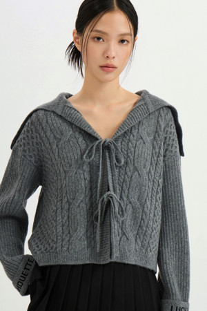 [Re-Order] Sailor Collar Cable Knit Cardigan (melange grey)