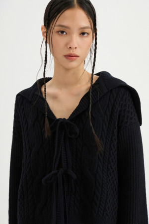 Sailor Collar Cable Knit Cardigan (black)