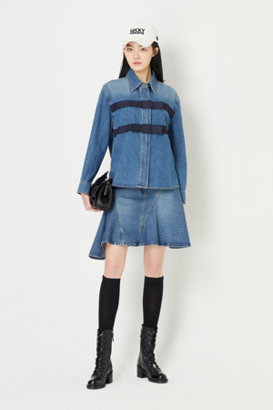 Ribbon Block Denim Shirt Blouse