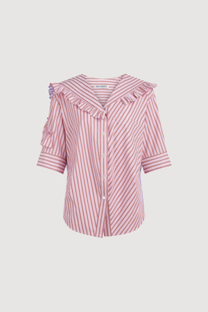 Stripe MIX Frill Short-Sleeved Blouse