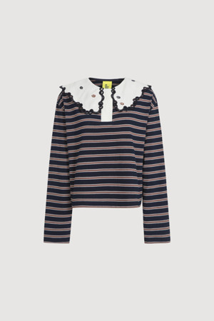 Collar Embroidery Stripe Long Sleeve T-shirt