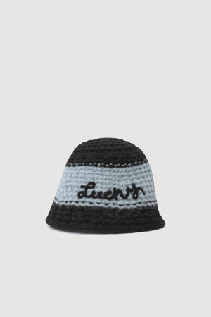 Lettering Embroidery Knit Bucket Hat (blue)