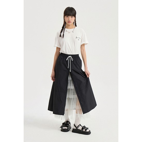 Front Zipper A Line Banding Long Skirt (black)