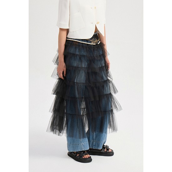 Frill Mesh Banding Long Skirt (black)