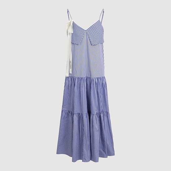 Striped Checkered Mixed Sleeveless Dress  (blue)