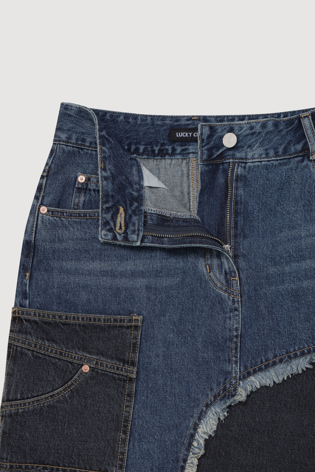 LUCKY CHOUETTE - 미디스커트 - Color Block Asymmetric Denim Skirt (blue)