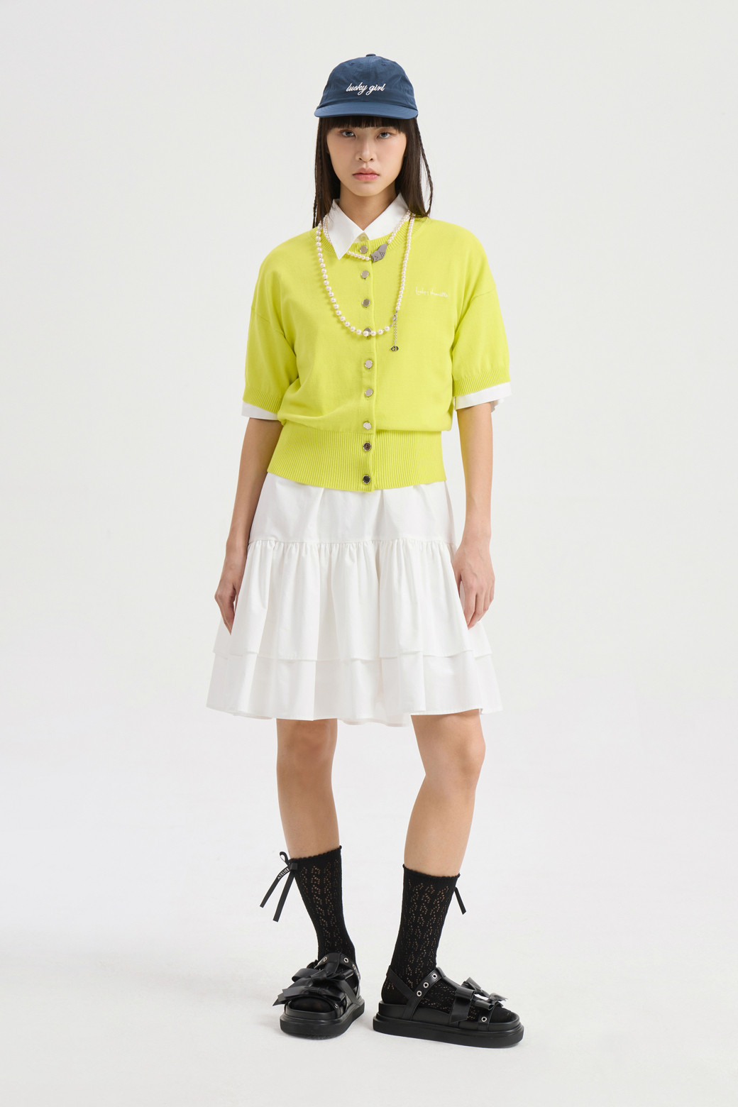 LUCKY CHOUETTE - 반소매 원피스 - Hem Frill Half Sleeve Cotton Shirt Dress (white)