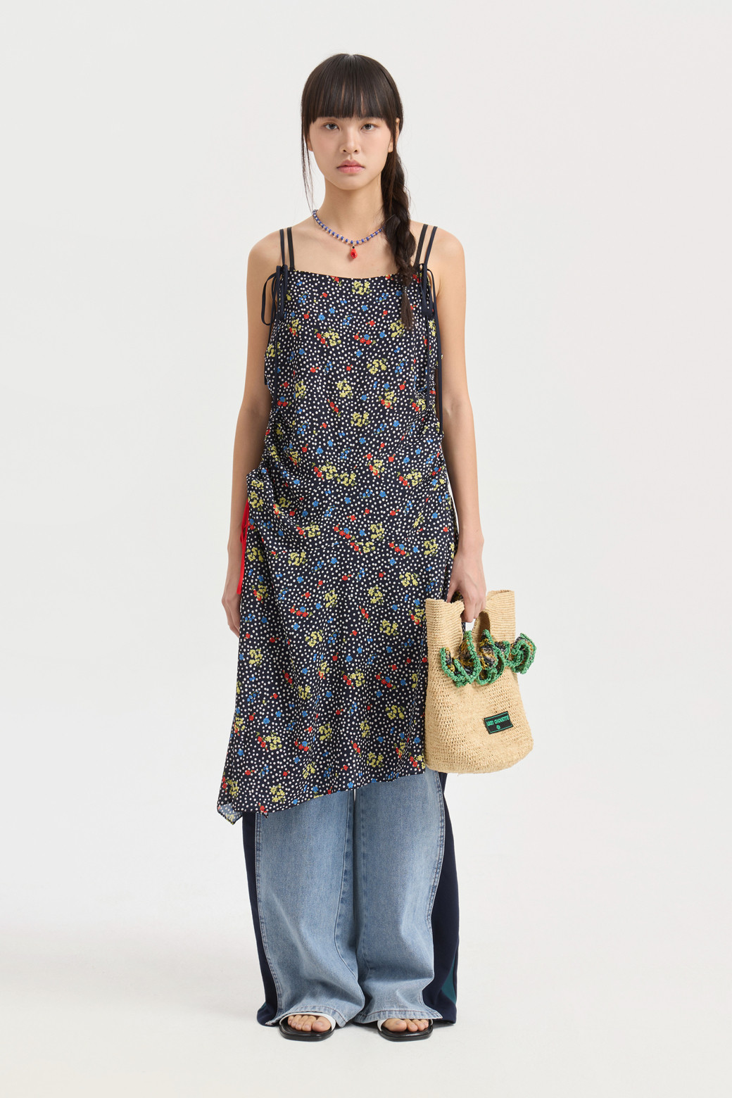 럭키슈에뜨(LUCKY CHOUETTE) Dot Flower Slip Shirring Dress