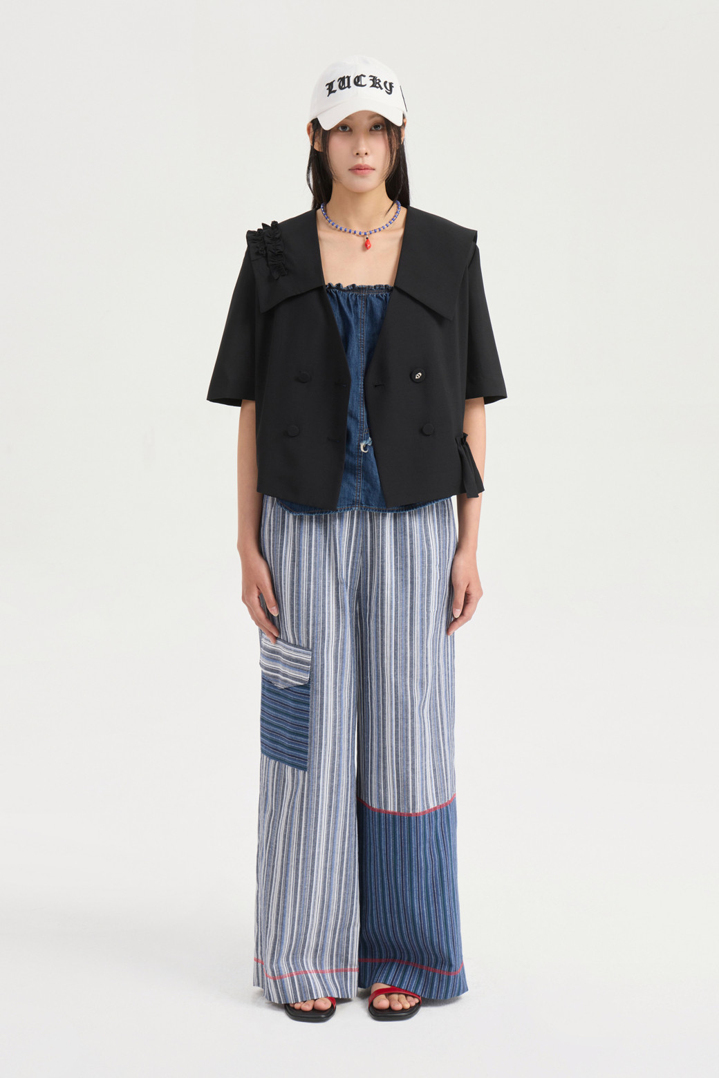 LUCKY CHOUETTE - 자켓 - [Re-Order] Sailor Ruffle Half Sleeve Jacket (black)