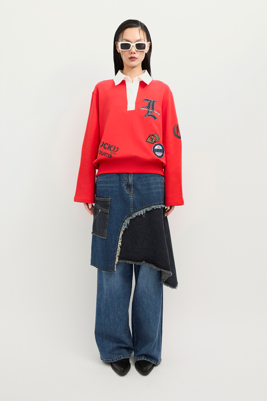 LUCKY CHOUETTE - 미디스커트 - Color Block Asymmetric Denim Skirt (blue)