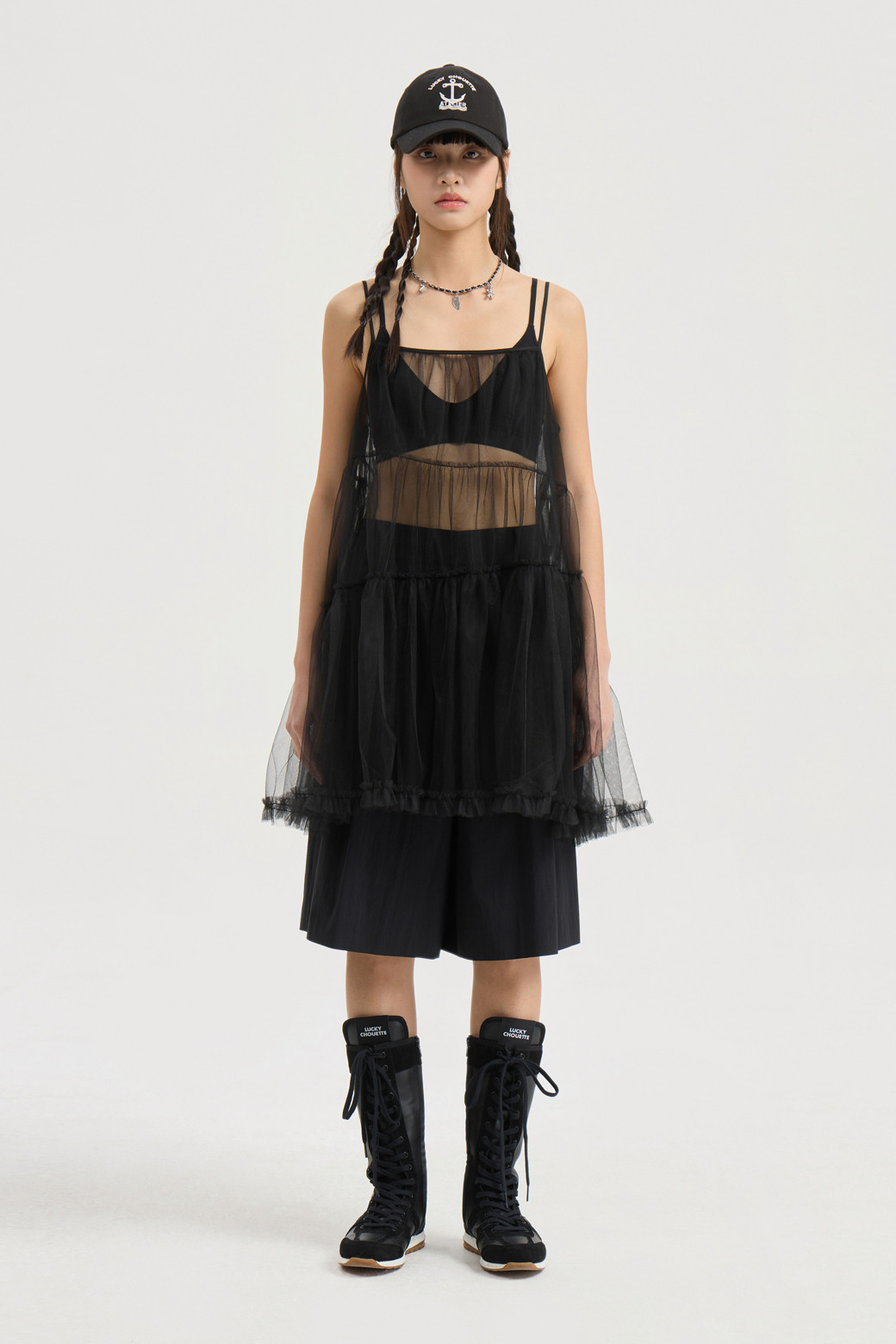 LUCKY CHOUETTE - 블라우스 - Shirring Mesh Top Blouse (black)