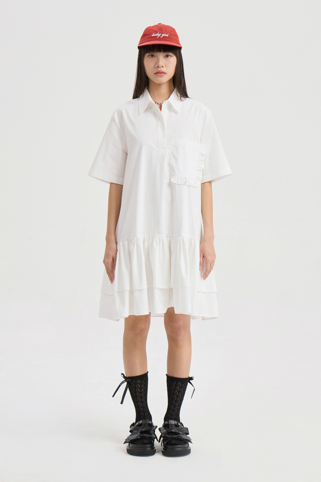 LUCKY CHOUETTE - 반소매 원피스 - Hem Frill Half Sleeve Cotton Shirt Dress (white)