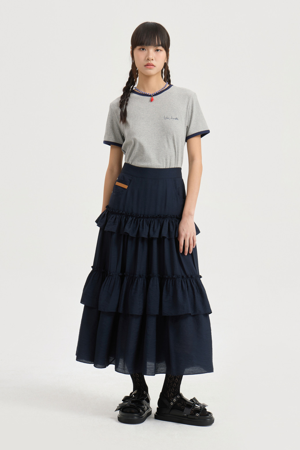 LUCKY CHOUETTE - 롱스커트 - Shirring Stripe Back Banding Long Skirt
