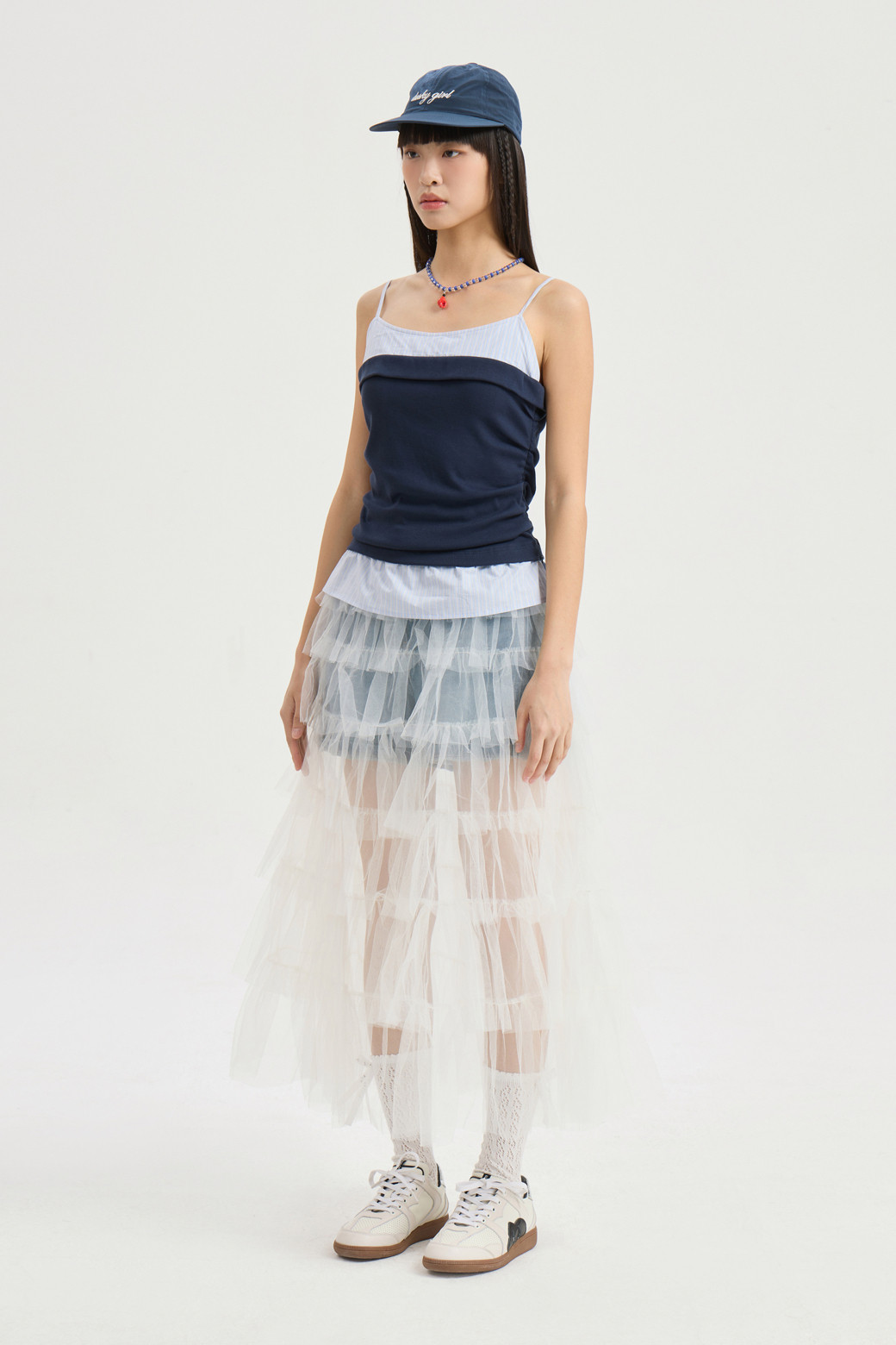 LUCKY CHOUETTE - 롱스커트 - Frill Mesh Banding Long Skirt (ivory)