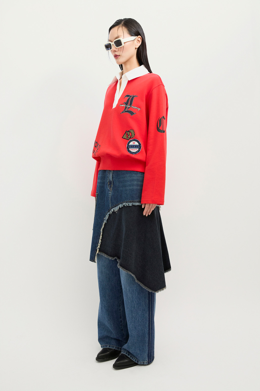 LUCKY CHOUETTE - 미디스커트 - Color Block Asymmetric Denim Skirt (blue)