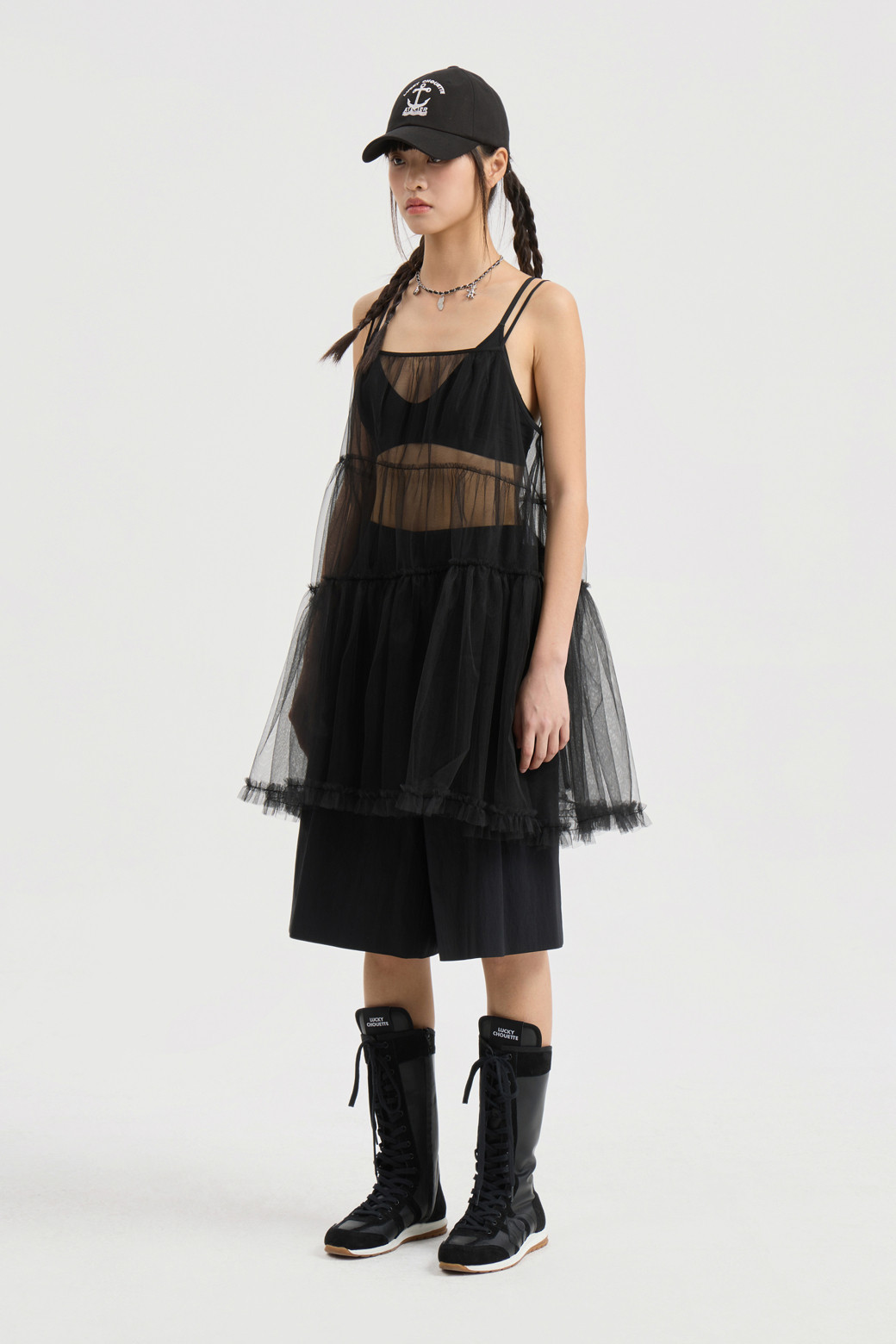 LUCKY CHOUETTE - 블라우스 - Shirring Mesh Top Blouse (black)
