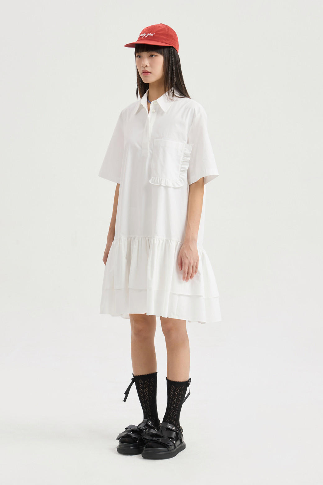 LUCKY CHOUETTE - 반소매 원피스 - Hem Frill Half Sleeve Cotton Shirt Dress (white)