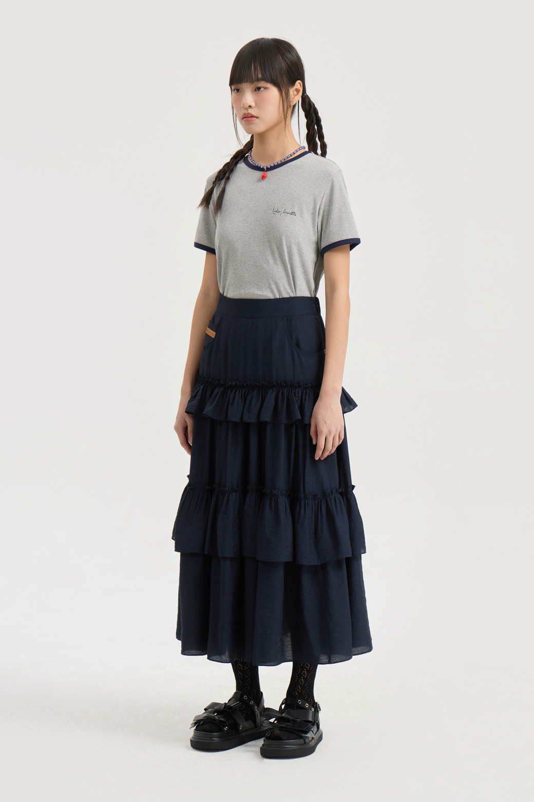 LUCKY CHOUETTE - 롱스커트 - Shirring Stripe Back Banding Long Skirt