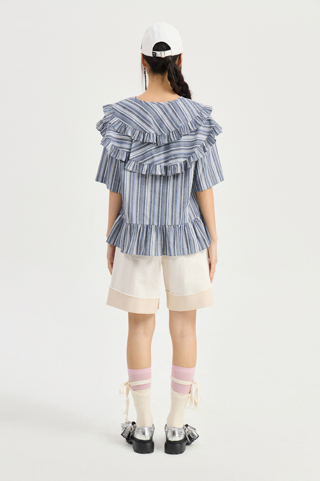 LUCKY CHOUETTE - 블라우스 - [Re-Order] Frill Point Stripe Half Sleeve Blouse (dark blue)