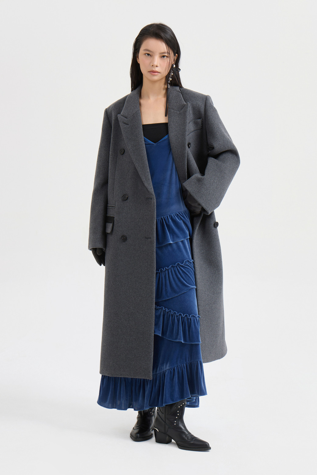 럭키슈에뜨] [Atelier] Gang Collar Double Long Coat (dark grey)