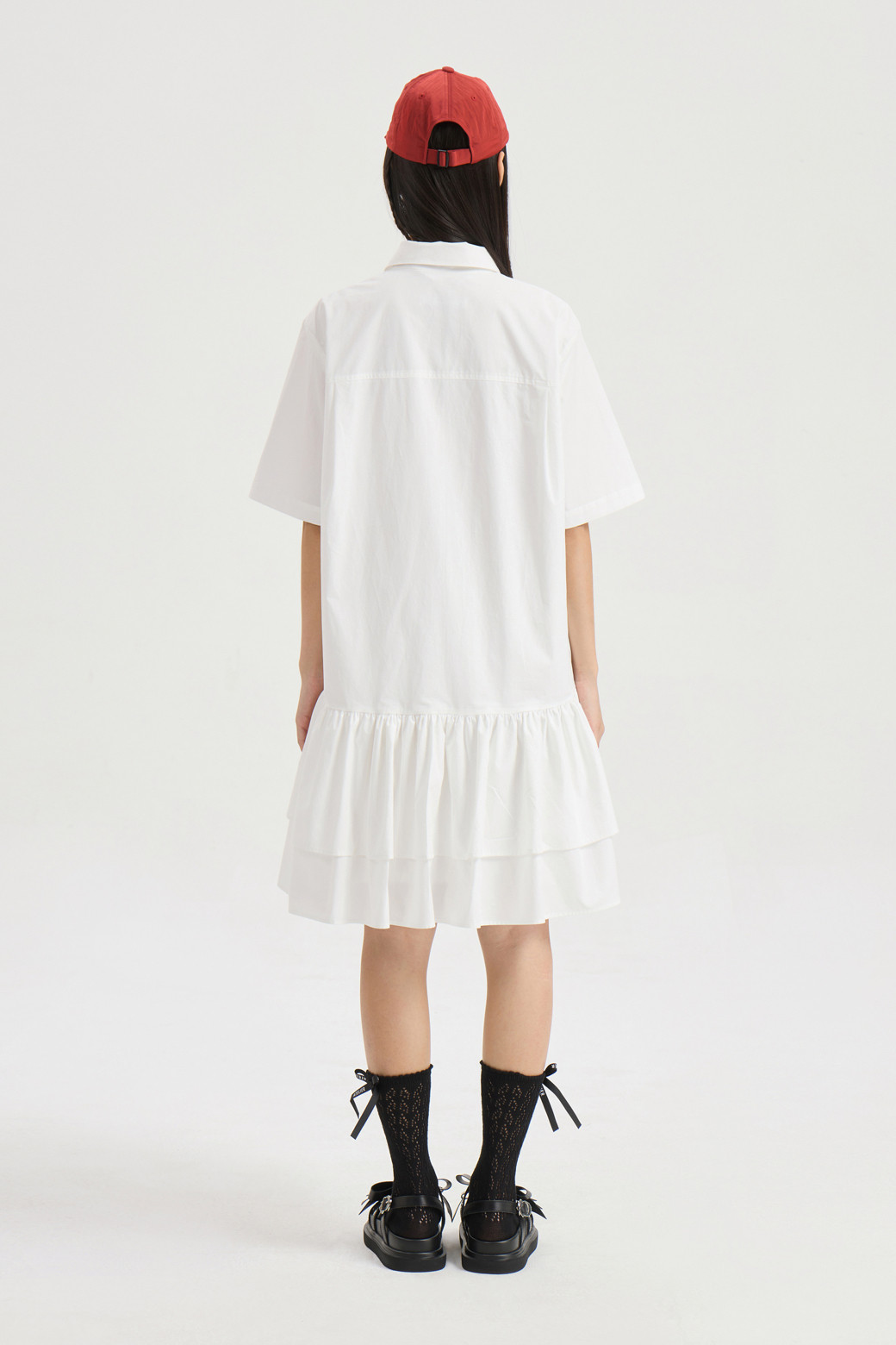 LUCKY CHOUETTE - 반소매 원피스 - Hem Frill Half Sleeve Cotton Shirt Dress (white)