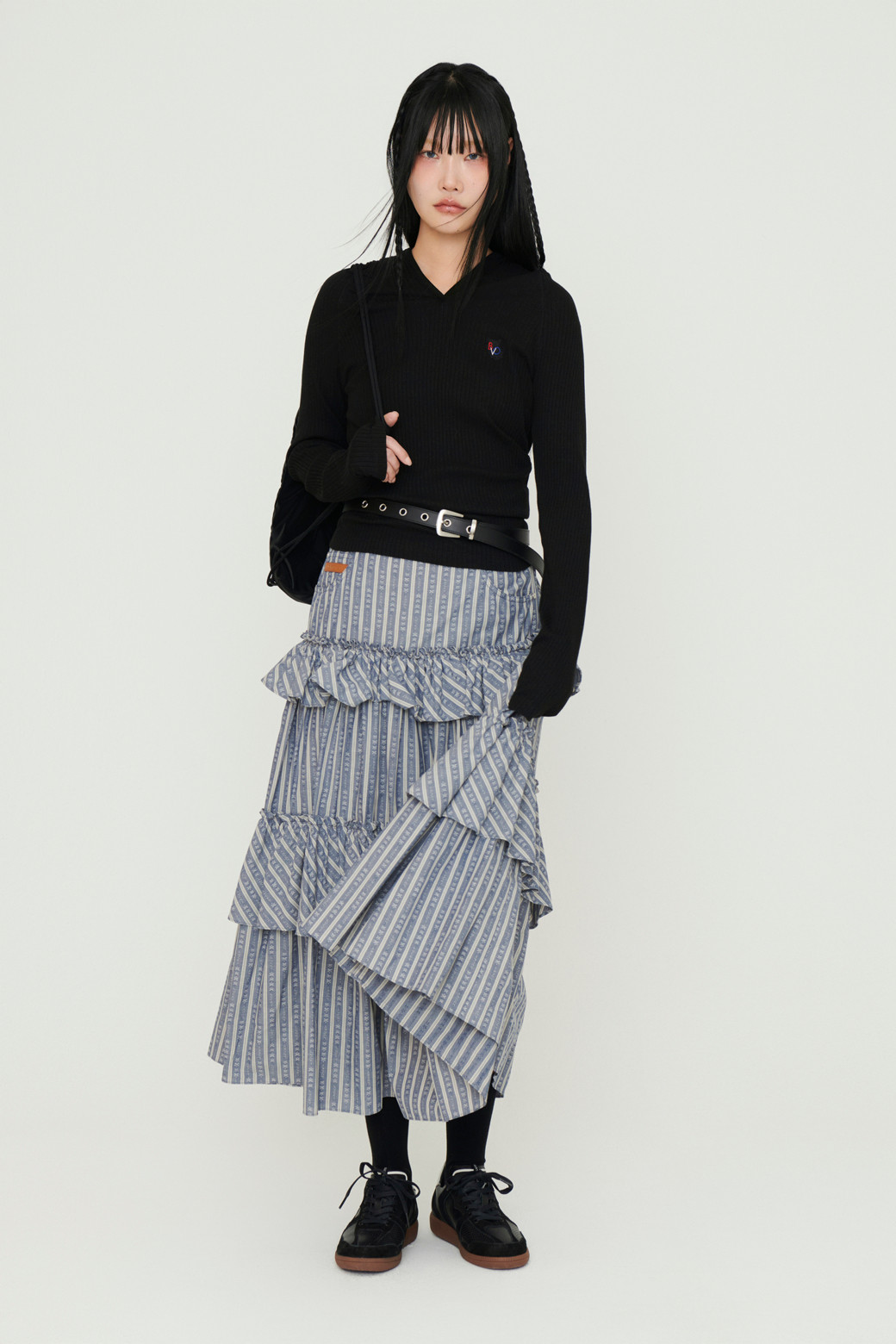 LUCKY CHOUETTE] Shirring Stripe Back Banding Long Skirt (blue)