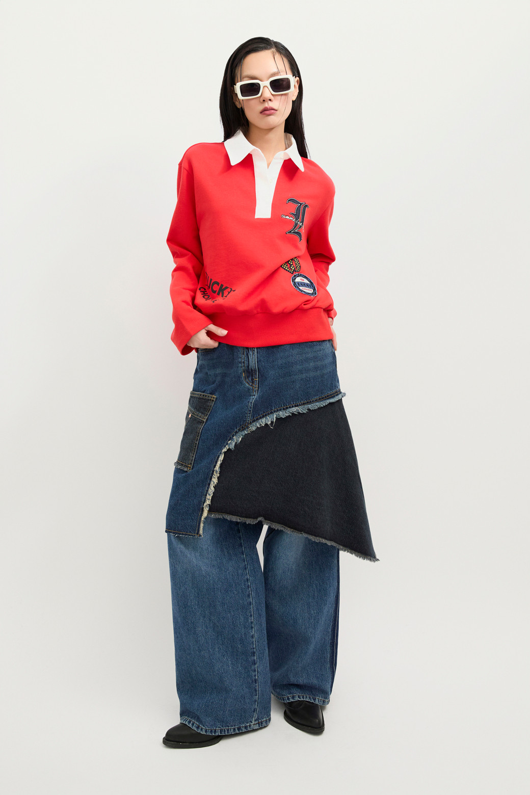 LUCKY CHOUETTE - 미디스커트 - Color Block Asymmetric Denim Skirt (blue)