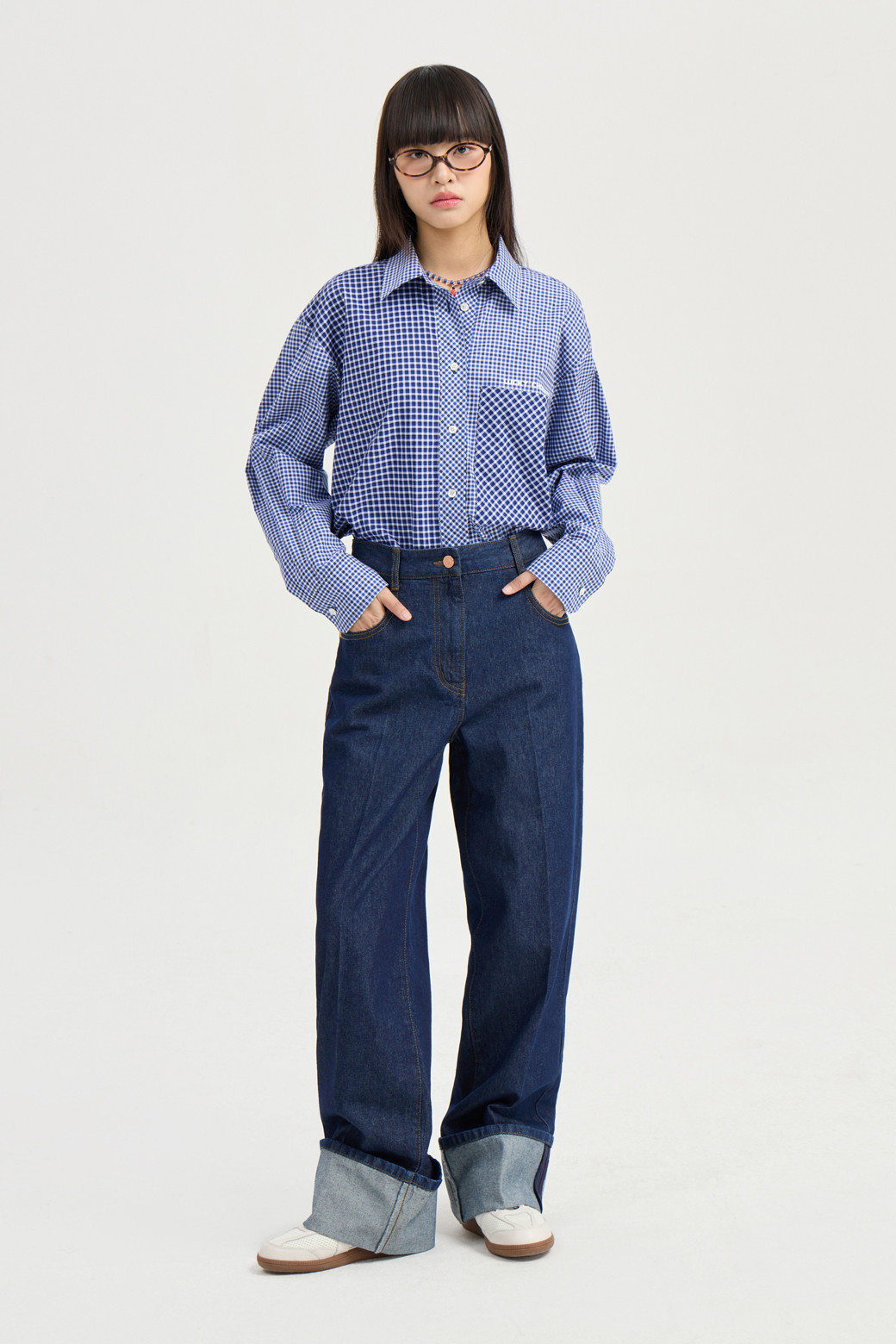 LUCKY CHOUETTE - 블라우스 - Check Mix Long Sleeve Blouse (blue)