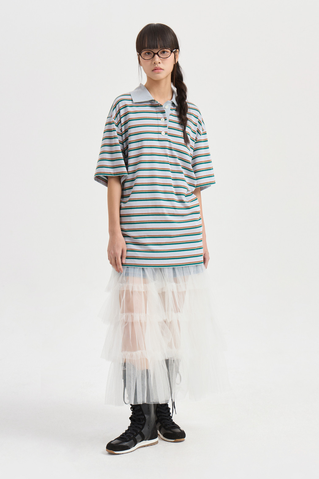 【KOOLOSET】Kitchi Stripe Collar Short Sleeve T-shirt LUCKY CHOUETTE] Stripe Loose-fit Collar Half T-shirt (mint)