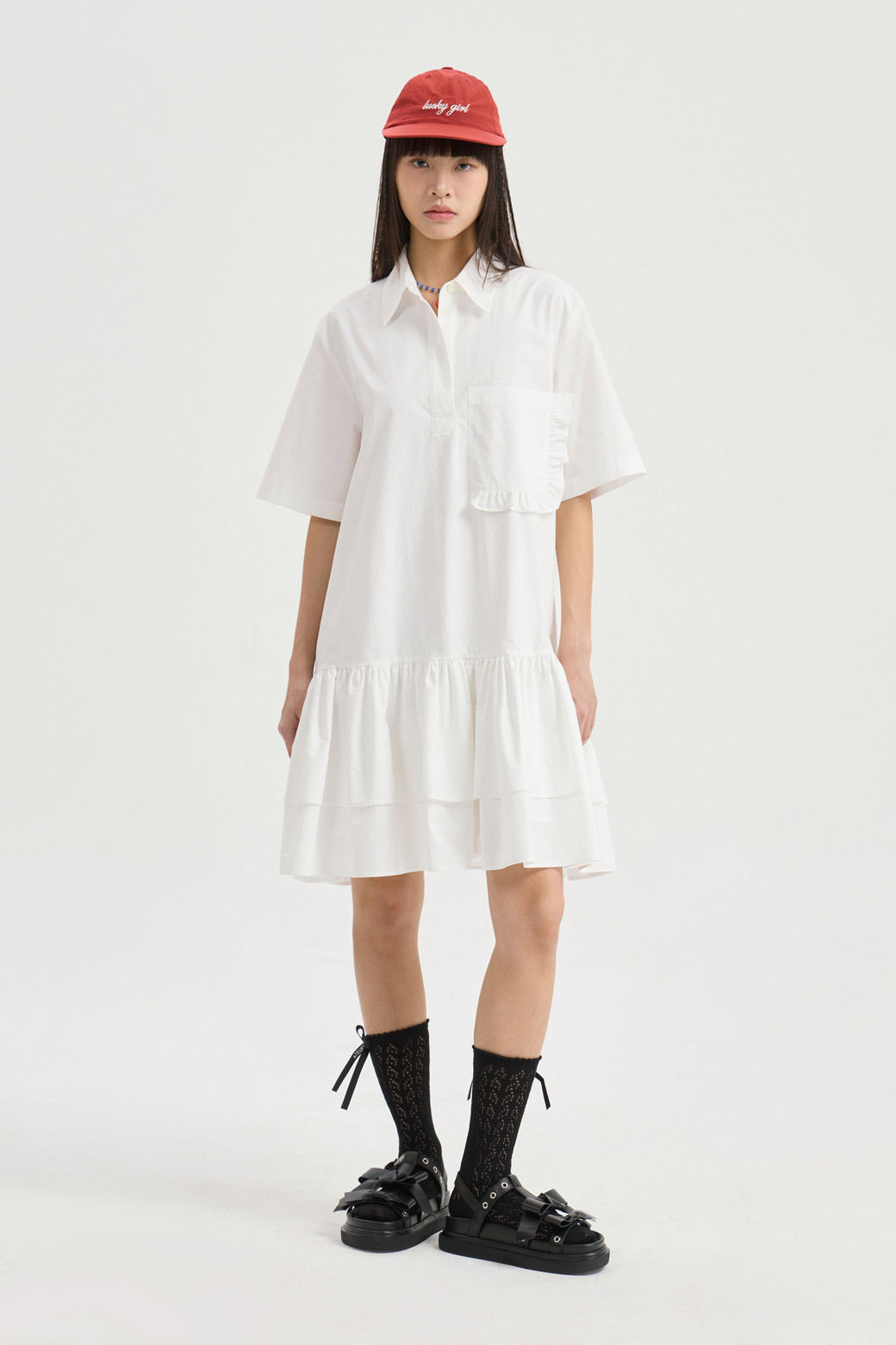 LUCKY CHOUETTE - 반소매 원피스 - Hem Frill Half Sleeve Cotton Shirt Dress (white)