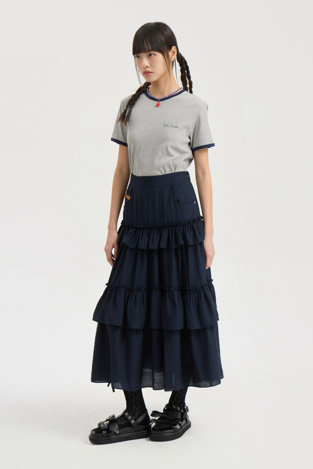 LUCKY CHOUETTE - 롱스커트 - Shirring Stripe Back Banding Long Skirt