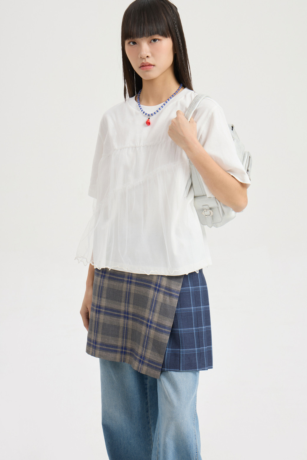 LUCKY CHOUETTE - 미니스커트 - Check Mix Mini Wrap Skirt (multi color)