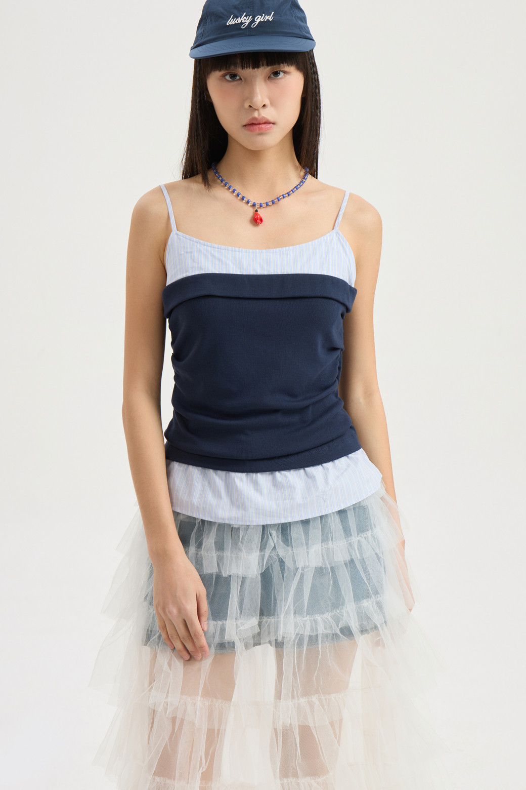 LUCKY CHOUETTE - 롱스커트 - Frill Mesh Banding Long Skirt (ivory)