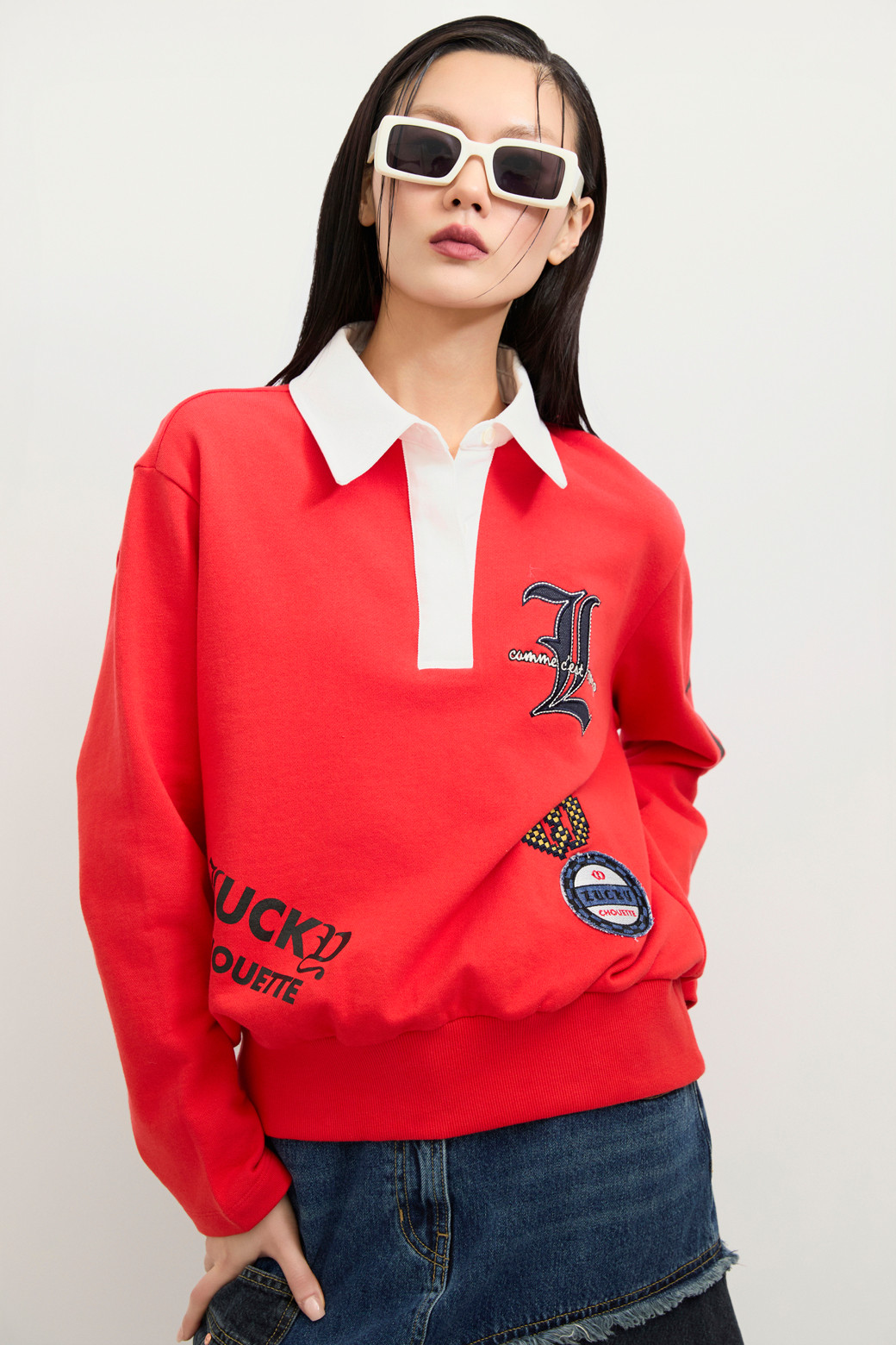 LUCKY CHOUETTE - 미디스커트 - Color Block Asymmetric Denim Skirt (blue)