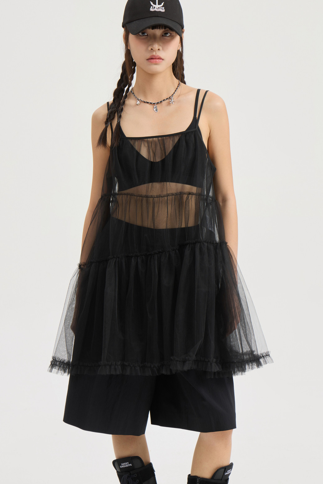 LUCKY CHOUETTE - 블라우스 - Shirring Mesh Top Blouse (black)
