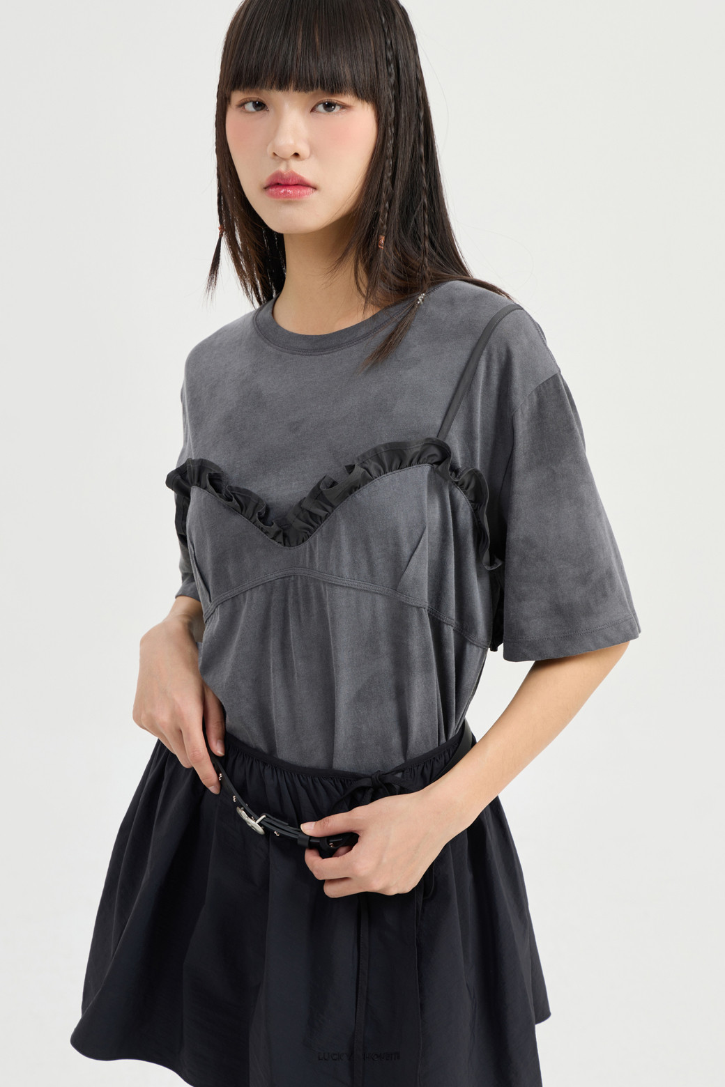 LUCKY CHOUETTE - 반소매 티셔츠 - Bustier Point Half Sleeve T-shirt (grey)