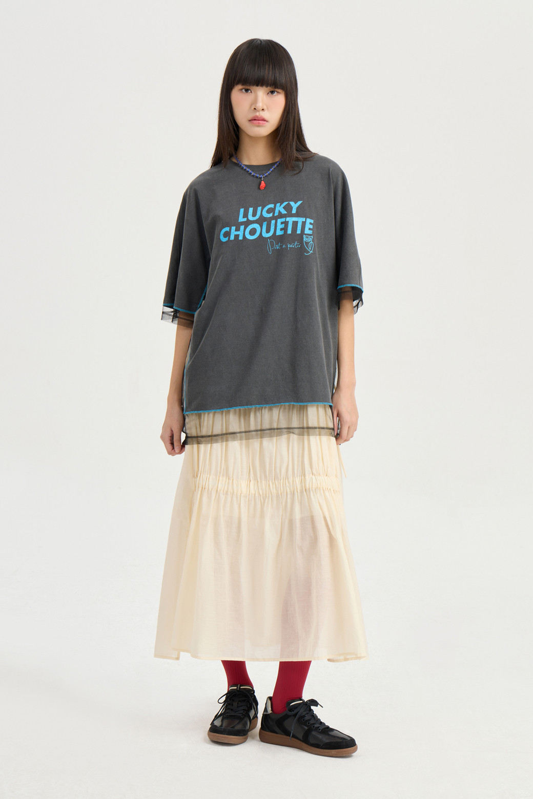 LUCKY CHOUETTE - 반소매 티셔츠 - Mesh Loose Fit Half Sleeve T-shirt (dark grey)