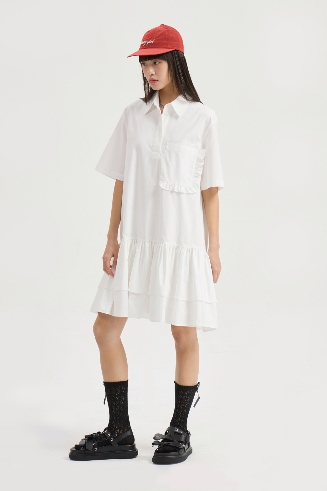 LUCKY CHOUETTE - 반소매 원피스 - Hem Frill Half Sleeve Cotton Shirt Dress (white)