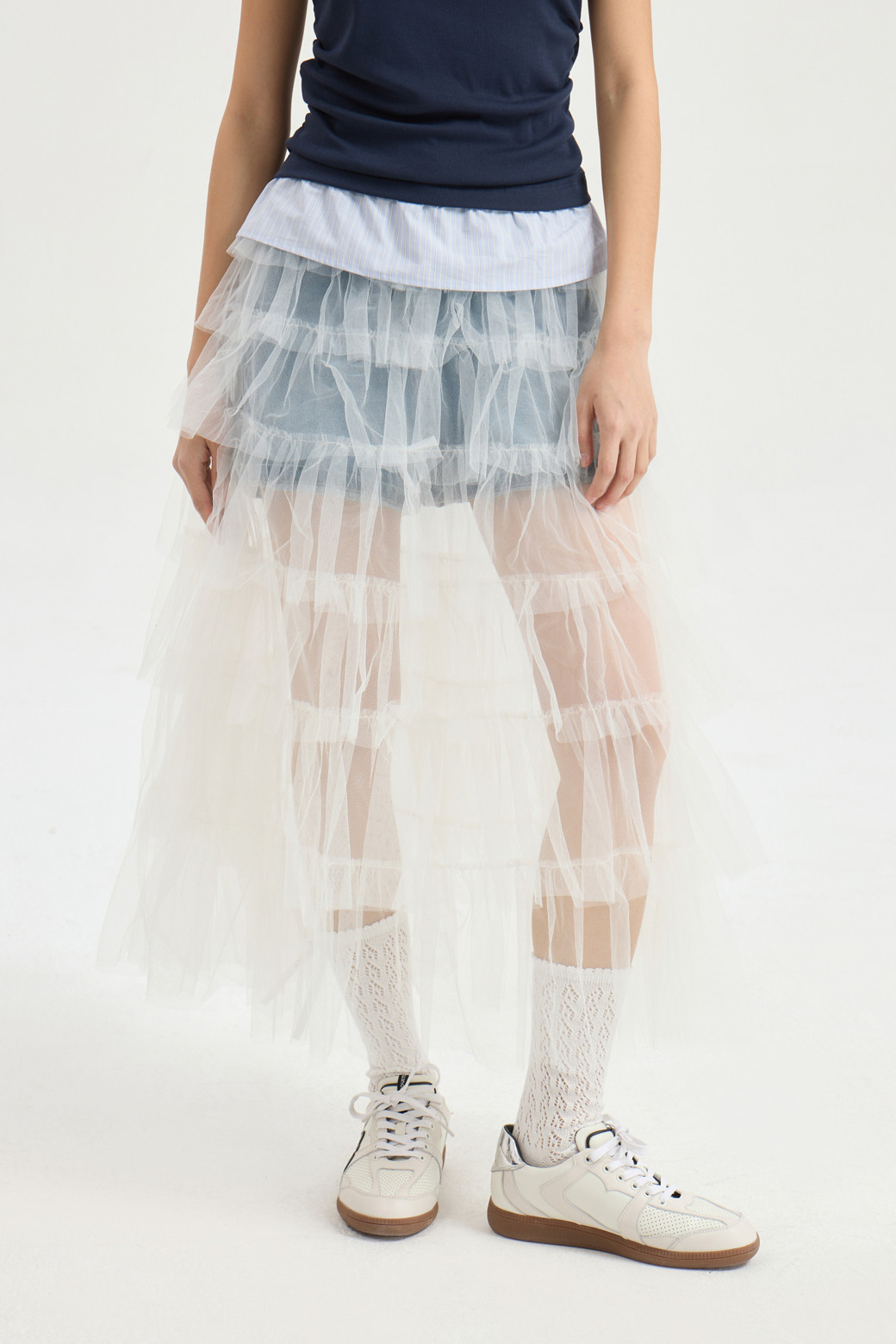 LUCKY CHOUETTE - 롱스커트 - Frill Mesh Banding Long Skirt (ivory)