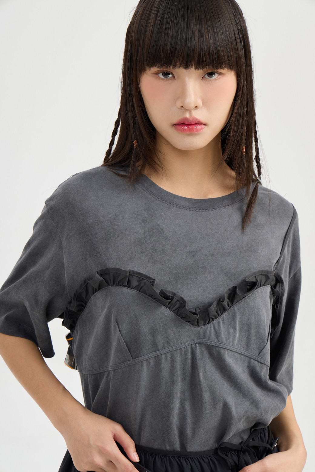 LUCKY CHOUETTE - 반소매 티셔츠 - Bustier Point Half Sleeve T-shirt (grey)