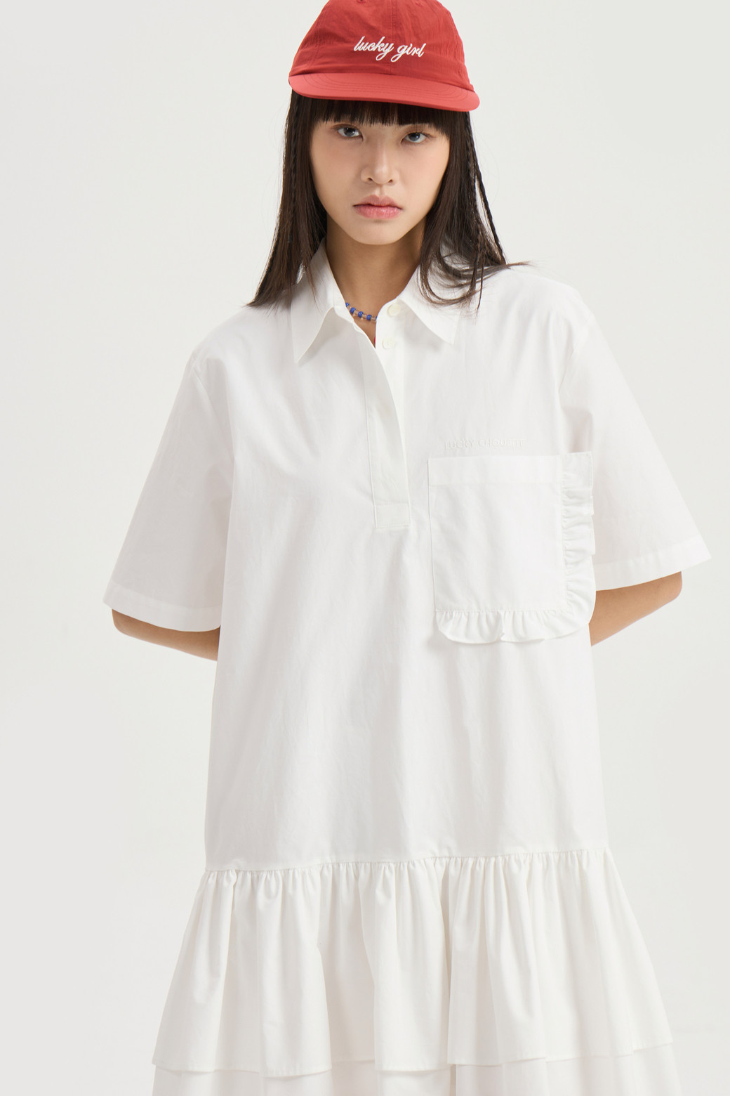 LUCKY CHOUETTE - 반소매 원피스 - Hem Frill Half Sleeve Cotton Shirt Dress (white)