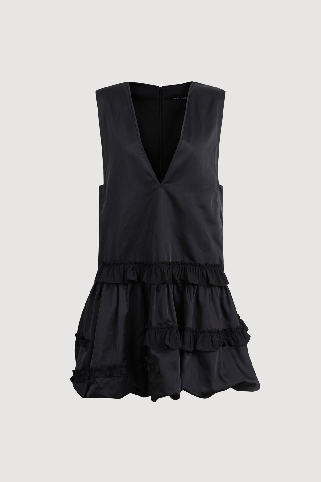 LUCKY CHOUETTE - 민소매 원피스 - V Neck Frill Mini Dress (black)
