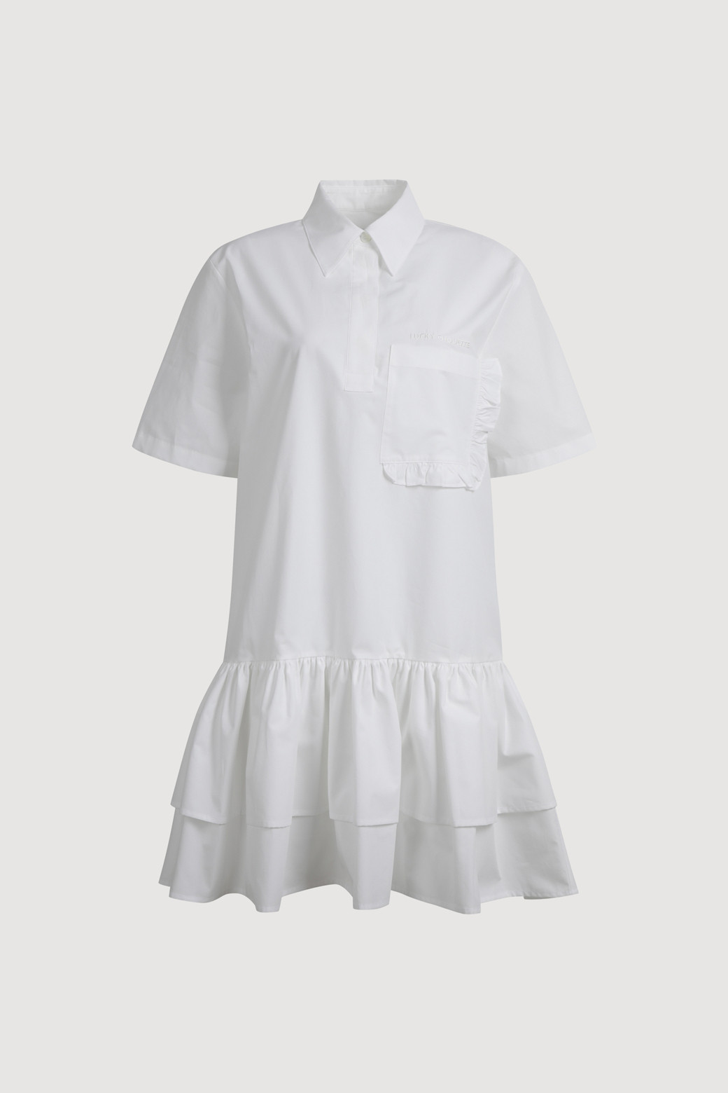LUCKY CHOUETTE - 반소매 원피스 - Hem Frill Half Sleeve Cotton Shirt Dress (white)