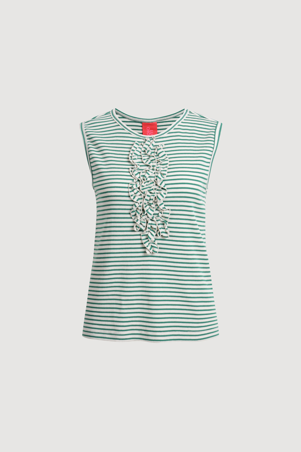 LUCKY CHOUETTE - 민소매티셔츠 - Frill Point Stripe Sleeveless T-shirt (green)