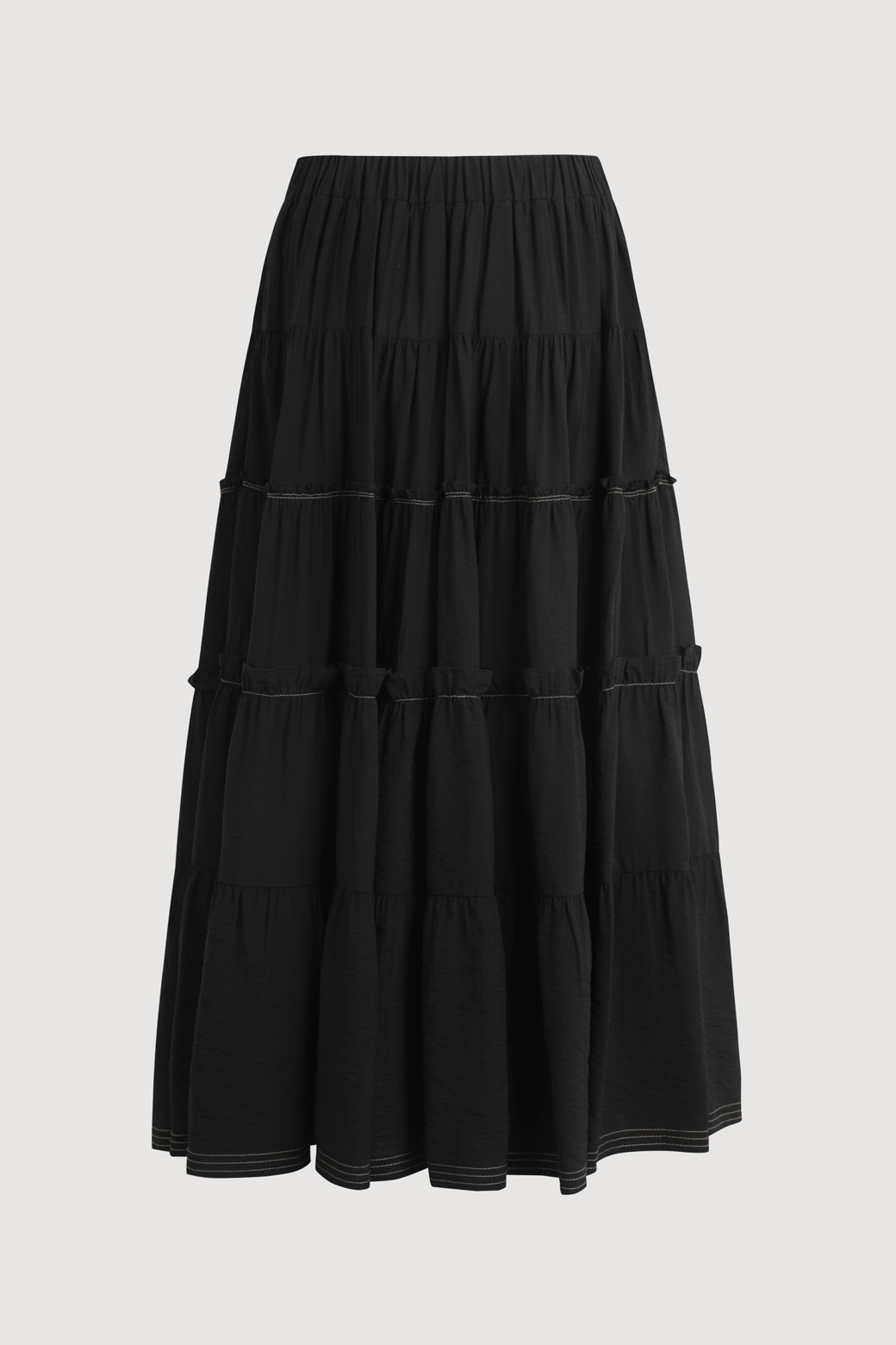 【BAON】Kue banding frill long skirt Long White Skirt 2023 Spring Summer Mid Length High Waisted
