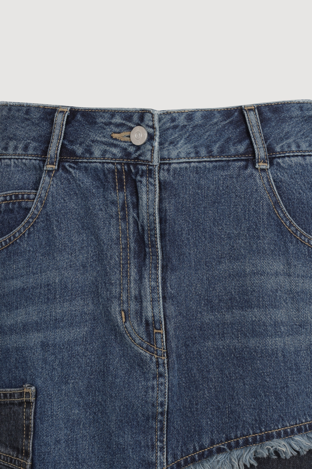 LUCKY CHOUETTE - 미디스커트 - Color Block Asymmetric Denim Skirt (blue)